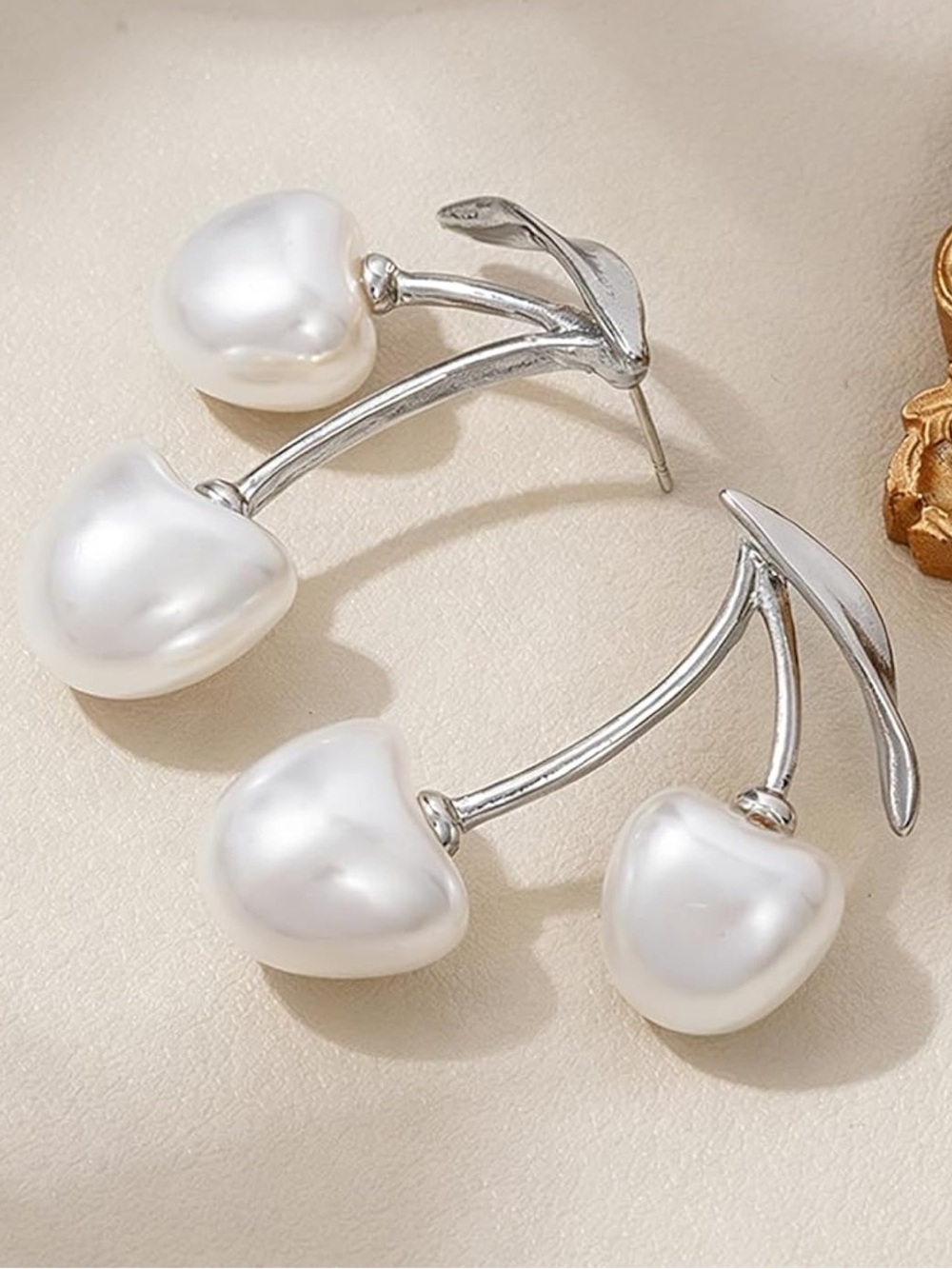 Anthropologie Silver-Tone Pearl Cherry Drop Earrings - Picture 3 of 5